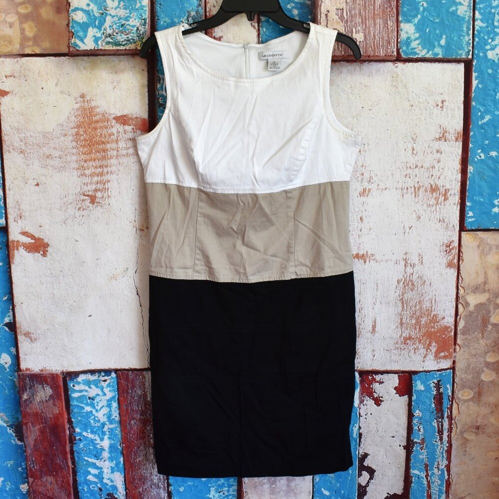 Women's Liz Claiborne Dress Colorblock Sleeveless SIZE 10 White/Beige/Black
